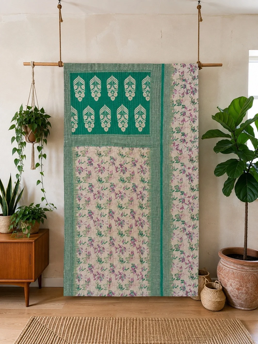 Handmade Reversible Indian Vintage Twin Size Kantha Quilt